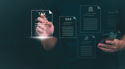 financial research government tax and calculation tax return concept Businessman showing holographic tax on hand Online tax return form filling concept for payment, online marketing, business process.