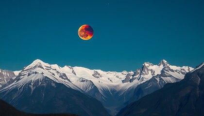 A wide panoramic shot of a majestic mountain range with the lunar eclipse above. 