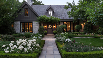 Obraz premium A charming house surrounded by lush gardens and blooming flowers, showcasing beautiful blend of stone and wood architecture. inviting entrance features warm lighting and welcoming atmosphere