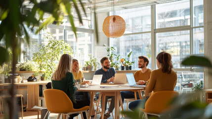 Collaborative meeting in bright office space with plants, where diverse group of professionals engages in discussion around round table. atmosphere is lively and productive