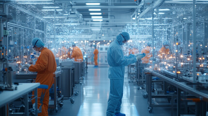 A modern manufacturing facility with workers in protective gear, engaged in high tech production processes. environment is clean and illuminated, showcasing advanced technology and precision