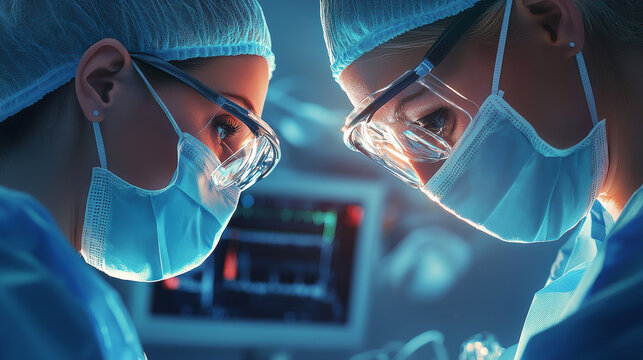 Two medical professionals in surgical attire focus intently on procedure, showcasing their dedication and expertise in high stakes environment. scene highlights importance of teamwork in healthcare