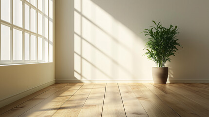 Fototapeta premium An ultra-minimalist room with wooden flooring, featuring a single green potted plant as the focal point in the corner