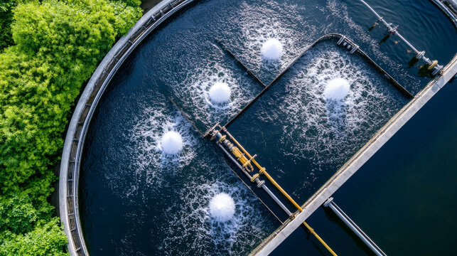 Efficient water treatment facility with multiple aeration fountains creating ripples in water. lush greenery surrounding area enhances serene environment