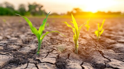 Young plants emerging from cracked soil at sunset.