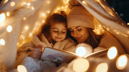 Cozy moments shared between mother and daughter as they read book together under blanket of warm lights. scene radiates warmth and love, perfect for family bonding