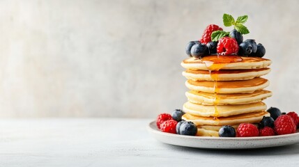 Stack of Fluffy Pancakes Topped with Maple Syrup and Fresh Berries on a Breakfast Table