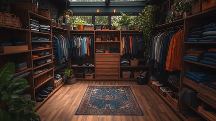 Naklejka premium A Stylishly Organized Closet Filled with Neatly Arranged Clothes and Lush Greenery for Comfort
