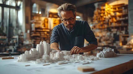 Architect Delving into a Stunning Urban Model in a Warm and Inviting Studio Environment