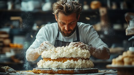 Skillful Baker Carefully Decorating a Beautiful Cake with Creamy Frosting and Passionate Focus
