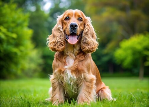 Vigilant working Cocker Spaniel with a golden coat, mouth agape, intensely focused on the camera, poised on lush green grass, ready to spring into action.