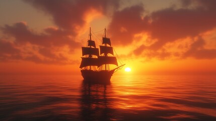 Silhouette ship in ocean with sunset sky, cloud and horizon line