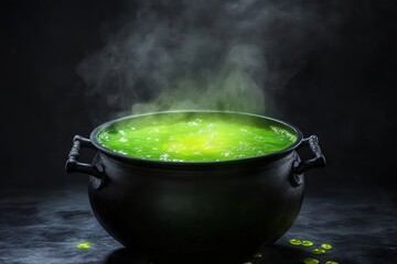 A witch's cauldron bubbling with green brew. 