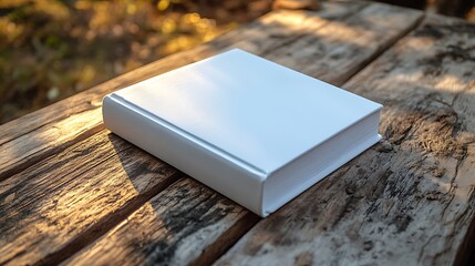 Fototapeta premium A blank book resting on a rustic wooden table illuminated by warm, golden sunlight, inviting ideas.