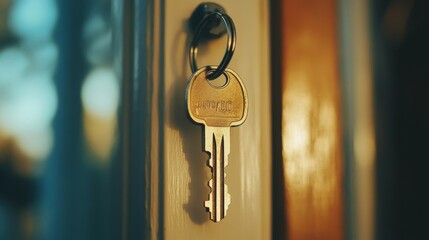 key showing key from new house rented leased purchased apartment, Moving house, relocation. New house, belongings and furniture. move in the apartment or condominium. New landlord, Becoming homeowner