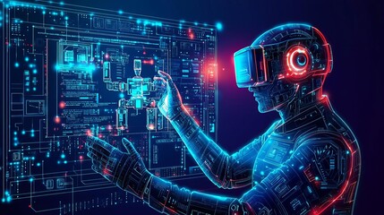 Robotics Engineer Manufacturing Motion Control Robotics engineer assembling a robotic arm, glowing holographic blueprint overlay, futuristic workshop, neon blue, no face, 3D render