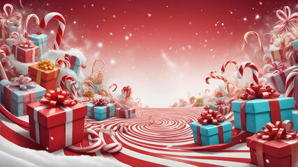 A magical candy cane landscape where red and white striped paths swirl around, with colorful gift boxes floating mid-air, adorned with shimmering ribbons
