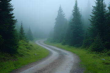 Morning fog on a forest road, pine trees barely visible, serene and mystical