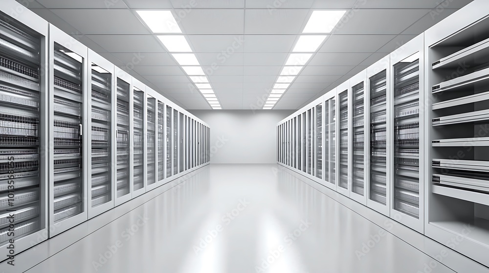 Poster rows of white server racks in a data center, with a clean white floor and ceiling.