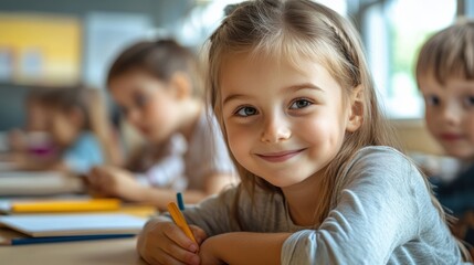 Obraz premium primary elementary school group of children studying in the classroom. learning and sitting at the desk. young cute kids smiling, high quality photo