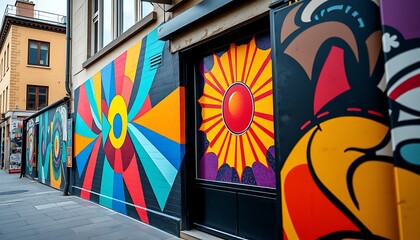 A vivid stock photo of a colorful street mural on the side of a building. 
