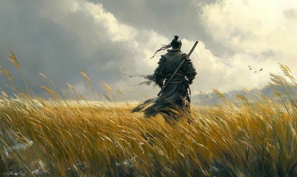 A lone samurai walks through a field of tall grass.