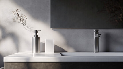 Clean and empty bathroom counter with a single metallic soap dispenser, emphasizing simplicity and functionality in the design