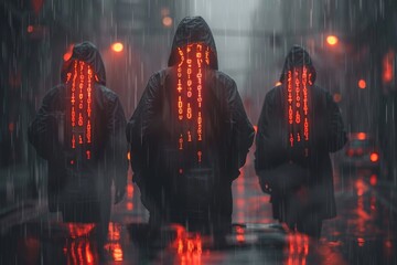 Silhouettes of a hacker team in hoods with laptops against a digital crime background of binary code