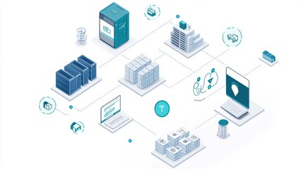 Network diagram of supply chain logistics featuring warehouses, servers, and transportation icons.