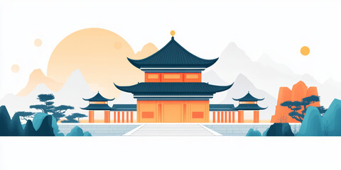 Fototapeta premium Chinese traditional ancient architecture art illustration