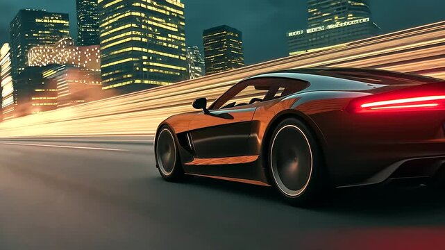 A fast racing car speeding along a city street with neon lights blurring in the background, capturing the sense of motion and speed