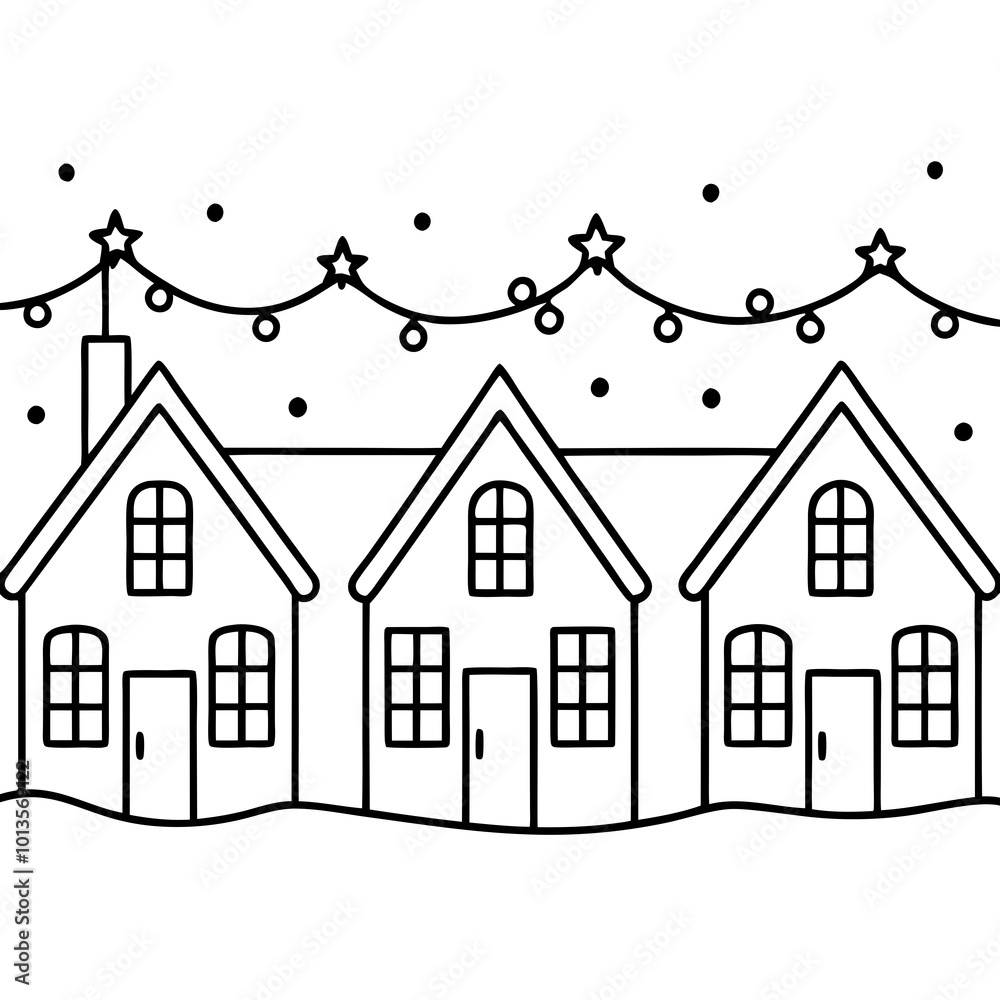 Wall mural Snowy Houses Adorned with Christmas Lights - Vector Art