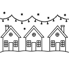 Snowy Houses Adorned with Christmas Lights - Vector Art