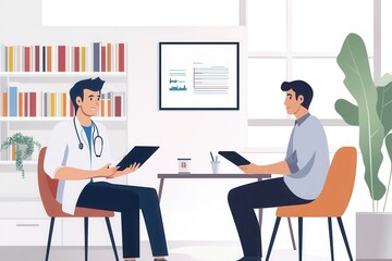 Fototapeta premium A doctor reviews medical information with a patient in a well-lit consultation room, focusing on the diagnosis and next steps. Generative AI