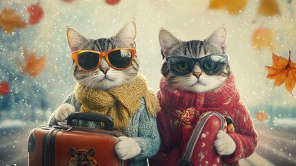 Two cats wearing sunglasses and scarves holding luggage. Autumn travel and adventure concept