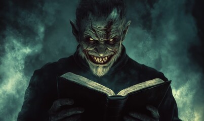 Evil creature holding a book in smoke.