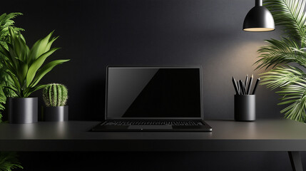 Closed laptop on a minimalist black desk, surrounded by neutral tones, with strong contrast between the desk and background
