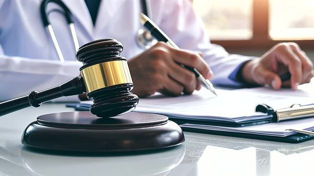 A courtroom scene with medical documents and a gavel, representing a lawsuit for medical malpractice and medicine fraud, with legal professionals reviewing evidence