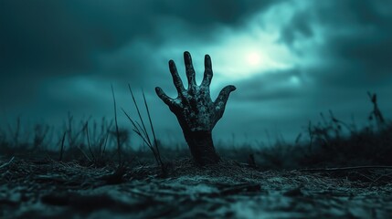 Zombie hand comes out of the ground at night against the background of a cloudy night sky.