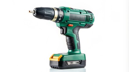 Green cordless drill isolated on a white background.