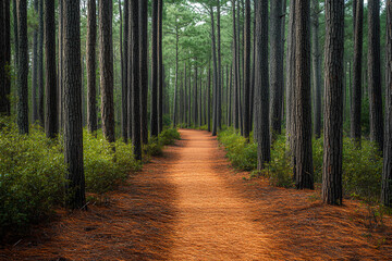Obraz premium Pathway through pine forest park, inviting and serene for a stroll