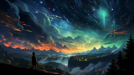 A kid stands in awe on a cliff, observing a breathtaking cosmic display in the starry night sky above a mountain range.