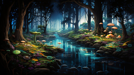 a serene night in an enchanted forest, illuminated by glowing mushrooms and a gentle river reflecting the moonlight.