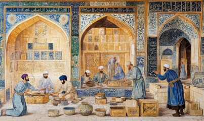 Persian men working in a courtyard.