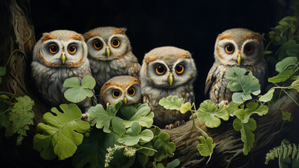Secret society of wise owlets hidden beneath ancient trees guarding ancient secrets