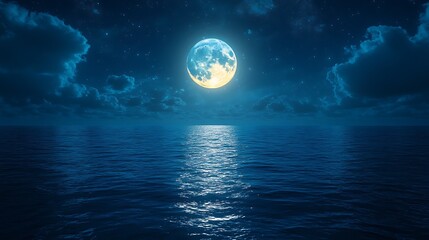 A full moon shining brightly over a calm ocean at night, with stars and clouds visible in the sky.