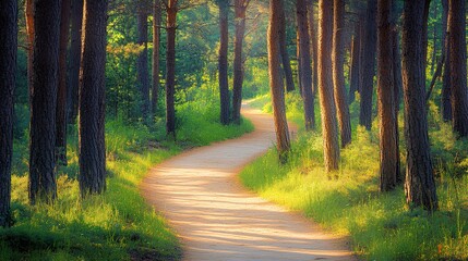 Obraz premium A serene forest path winding through tall trees, bathed in soft morning light, inviting tranquility and exploration in nature.