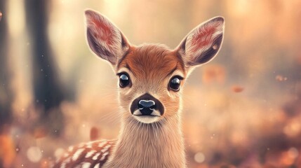 Fototapeta premium A digital illustration of a fawn with large, expressive eyes standing amidst a golden, sunlit backdrop with softly blurred autumnal foliage.