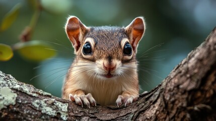 Obraz premium A curious squirrel peers over a tree branch, showcasing its large eyes and attentive gaze amidst a backdrop of natural foliage.