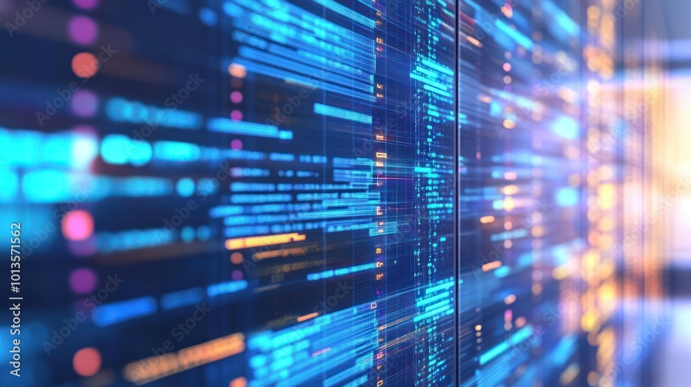 Poster abstract digital data visualization with glowing lines and nodes.